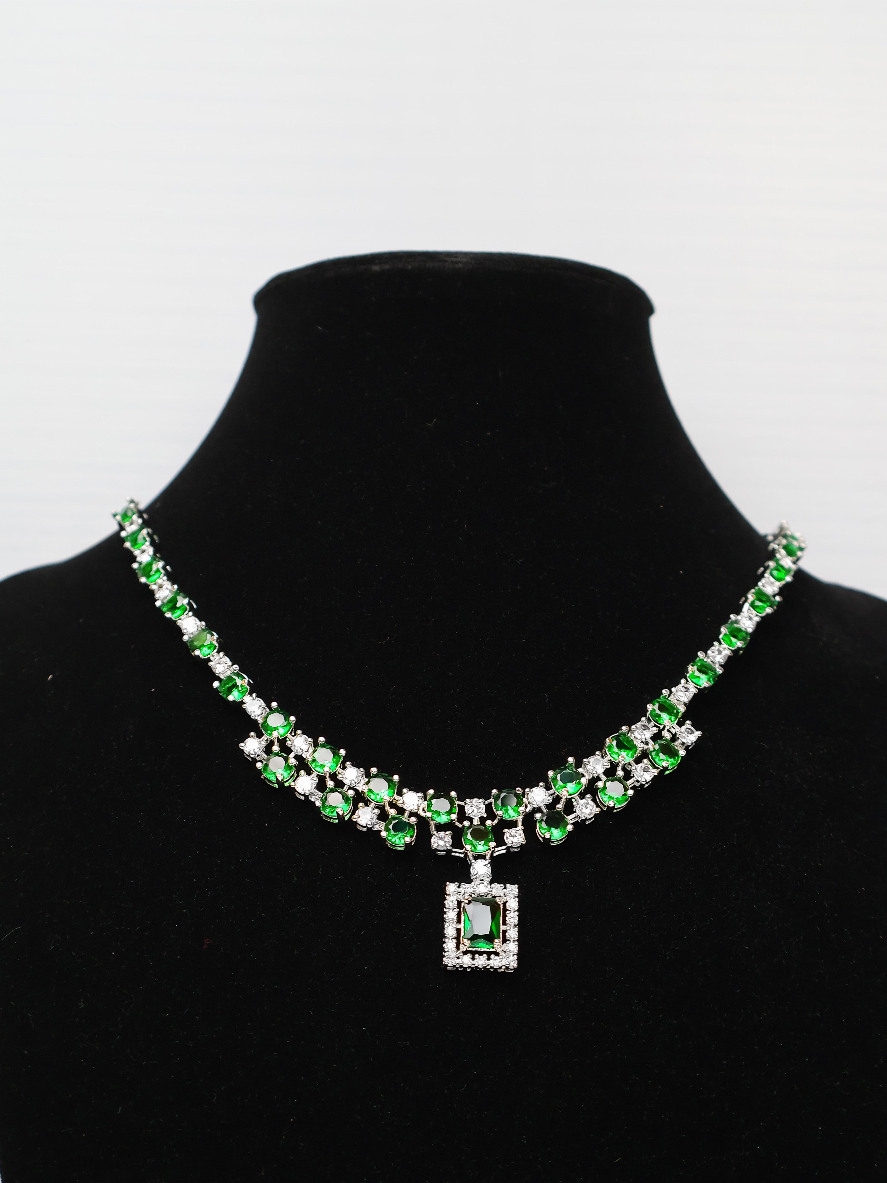 Silver Plated Green AD Necklace Set-1