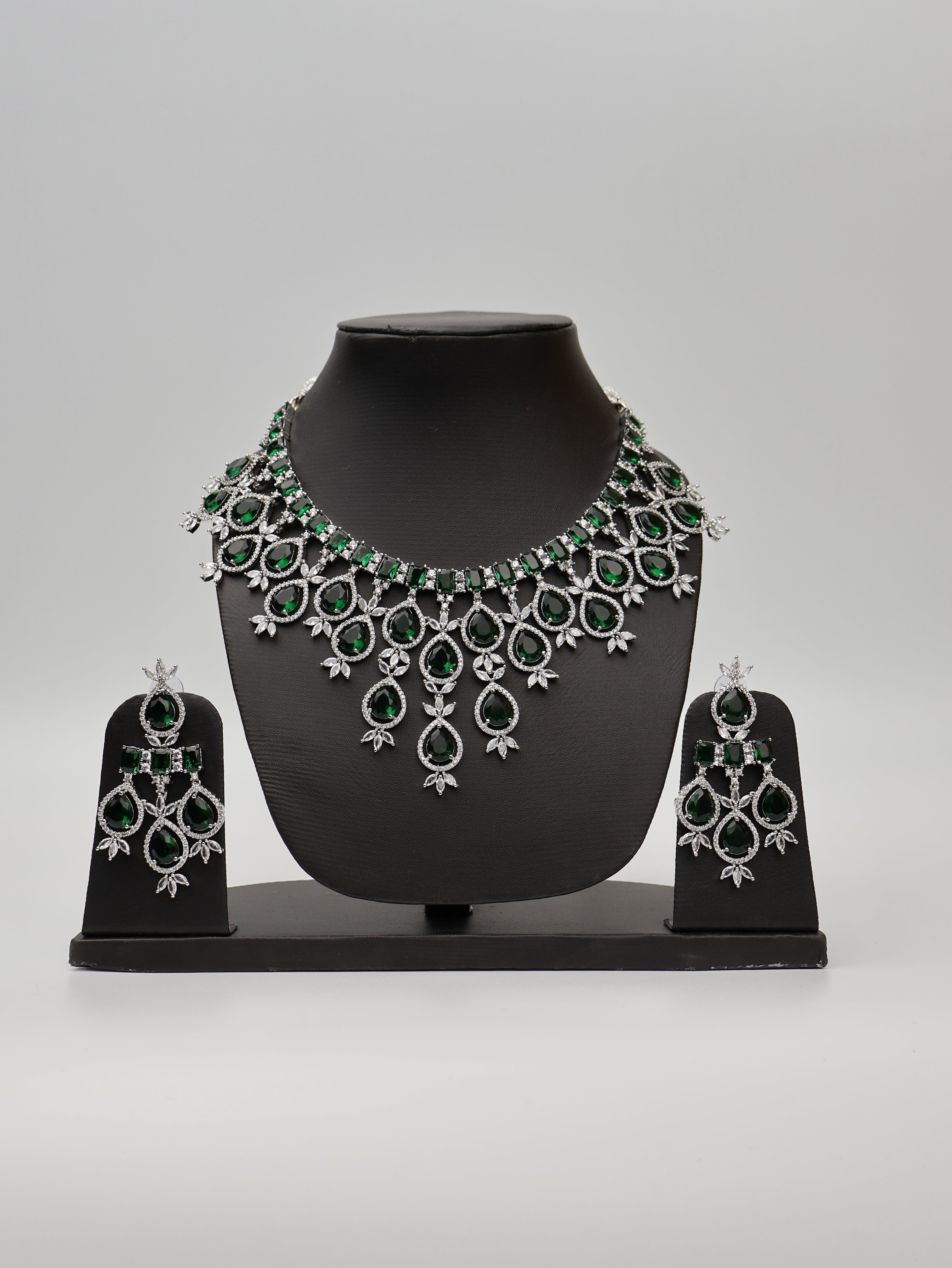 Green Stones Reverse AD Necklace Set with Earings-0