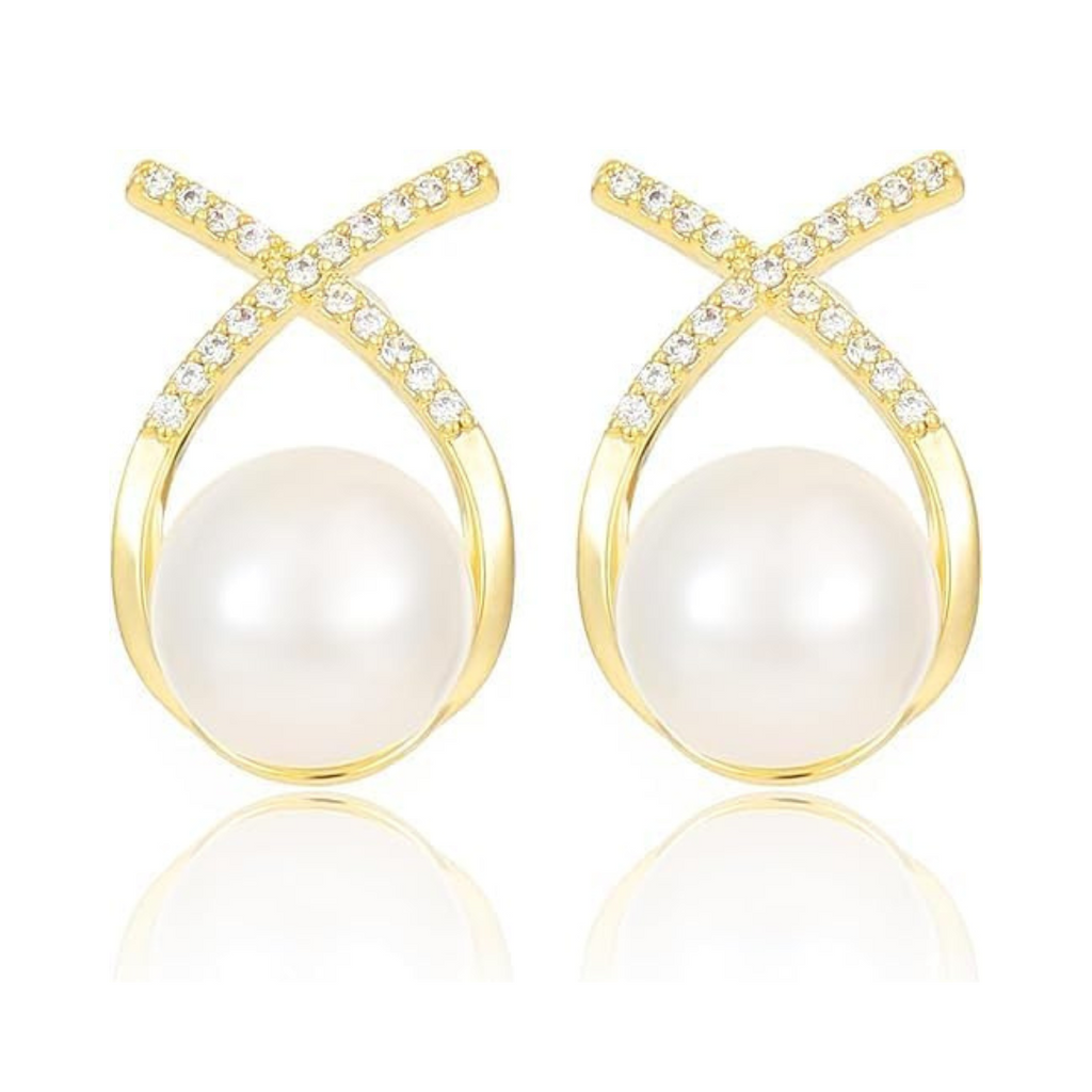 Elegant Gold Plated Pearl Stud Cross Earrings-0
