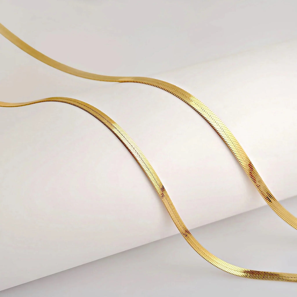 Herringbone Snake Chain Necklace – Flat Statement Choker Jewelry-4