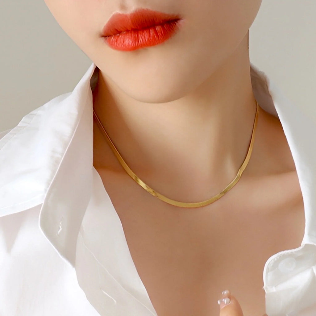 Herringbone Snake Chain Necklace – Flat Statement Choker Jewelry-3